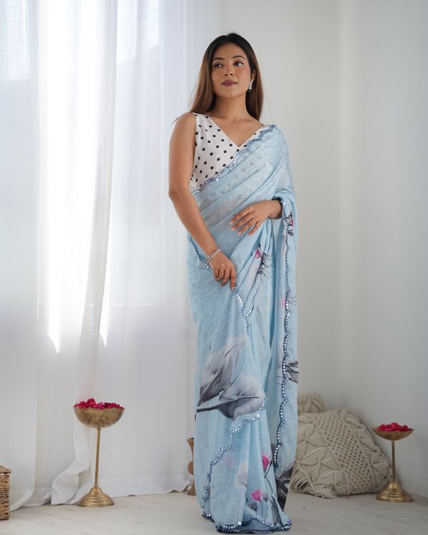 Elegant Sky Blue Chinon Saree with Mirror Work