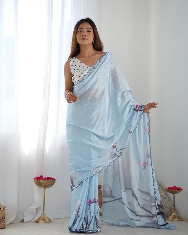Elegant Sky Blue Chinon Saree with Mirror Work