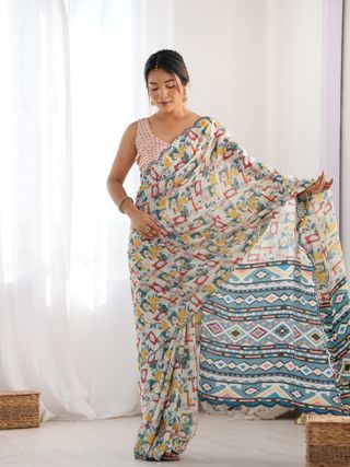 Ivory Ethnic Print Chinon Saree for Women