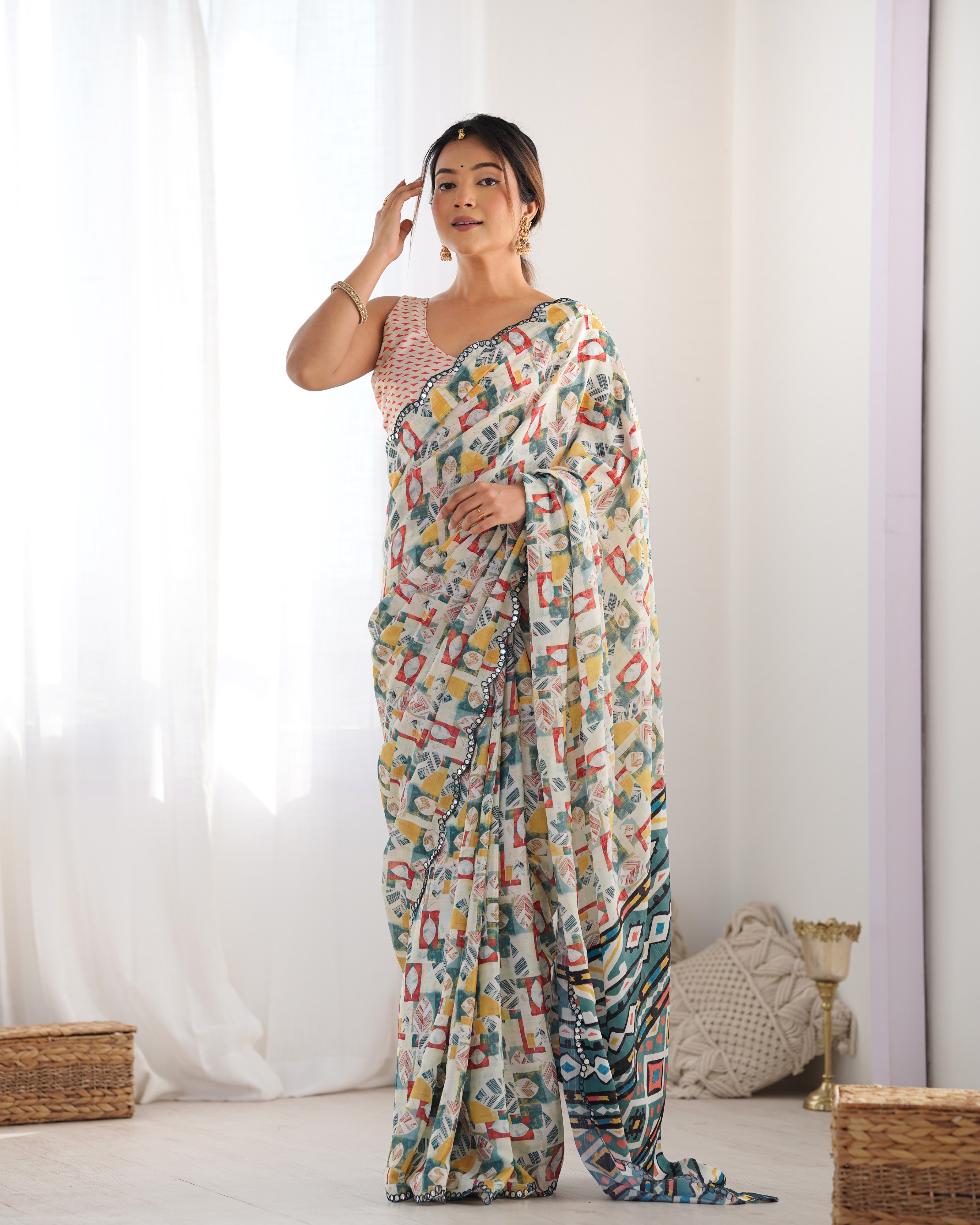 Ivory Ethnic Print Chinon Saree for Women