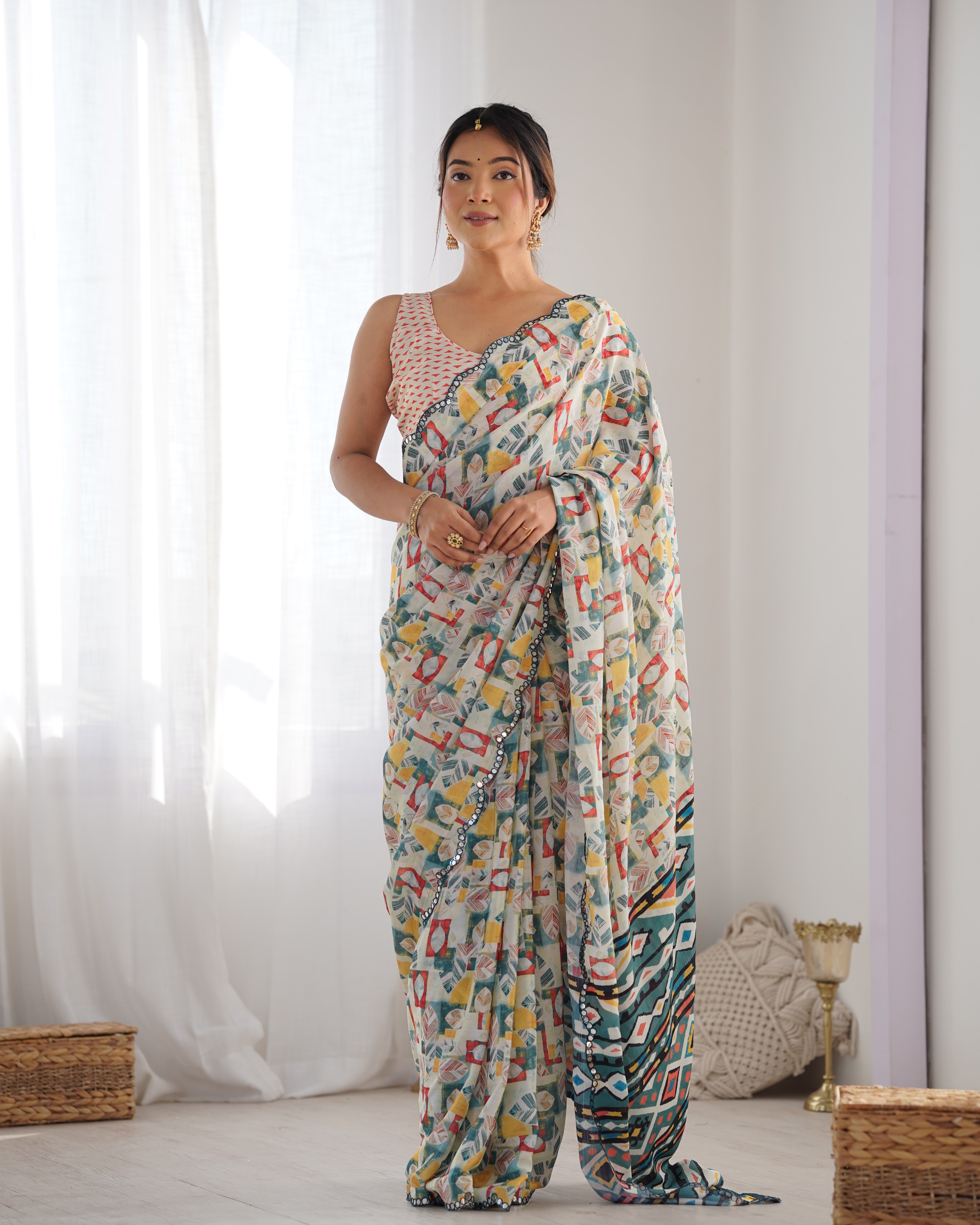 Ivory Ethnic Print Chinon Saree for Women