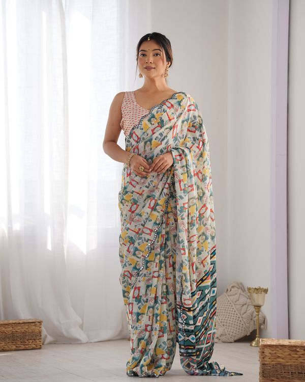 Ivory Ethnic Print Chinon Saree for Women