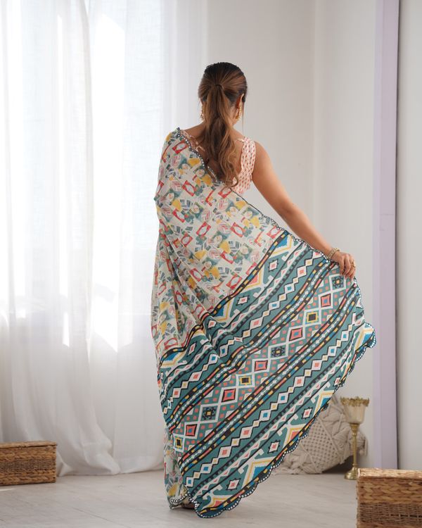 Ivory Ethnic Print Chinon Saree for Women