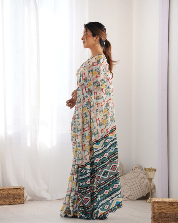 Ivory Ethnic Print Chinon Saree for Women