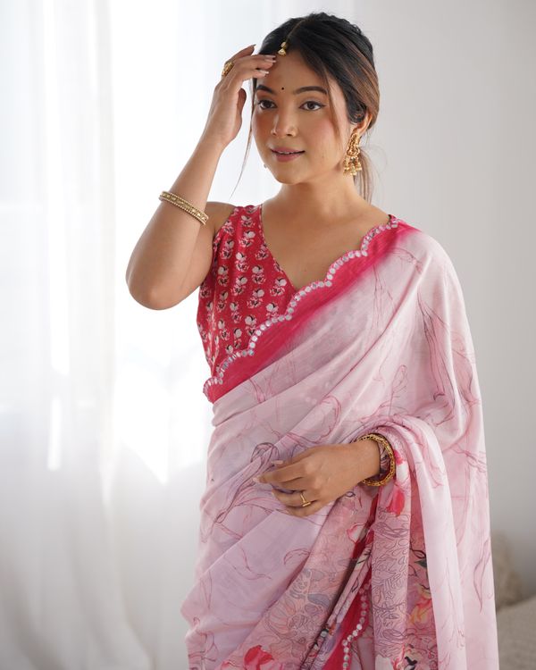Soft Pink Floral Chinon Saree For Women