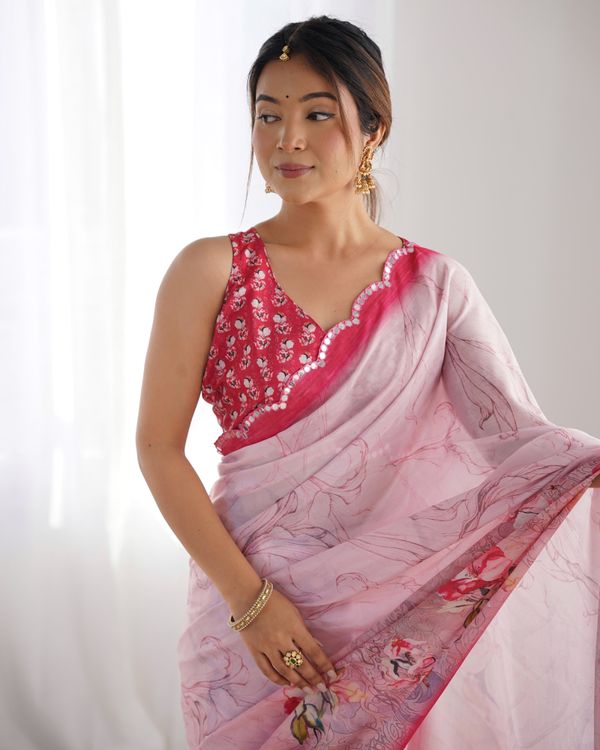 Soft Pink Floral Chinon Saree for Women