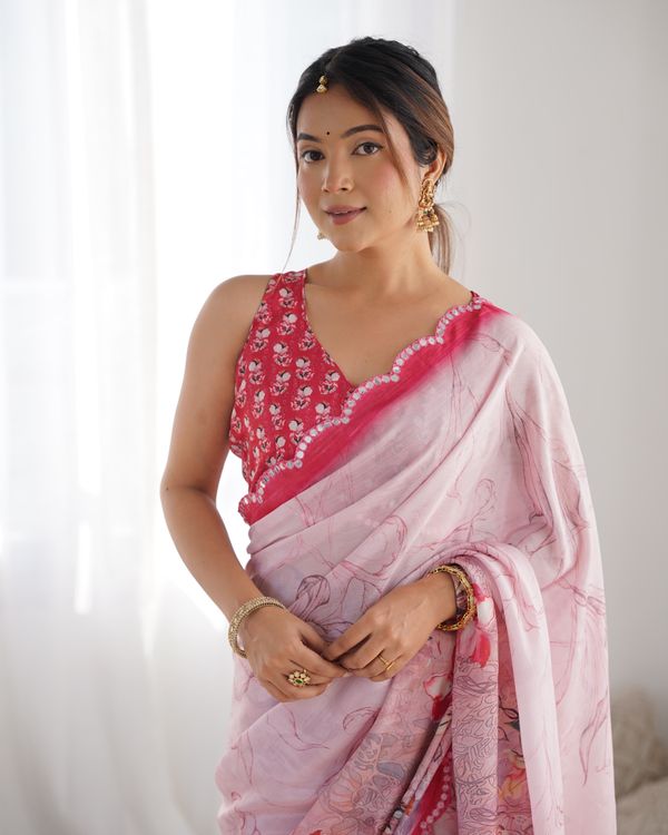 Soft Pink Floral Chinon Saree For Women