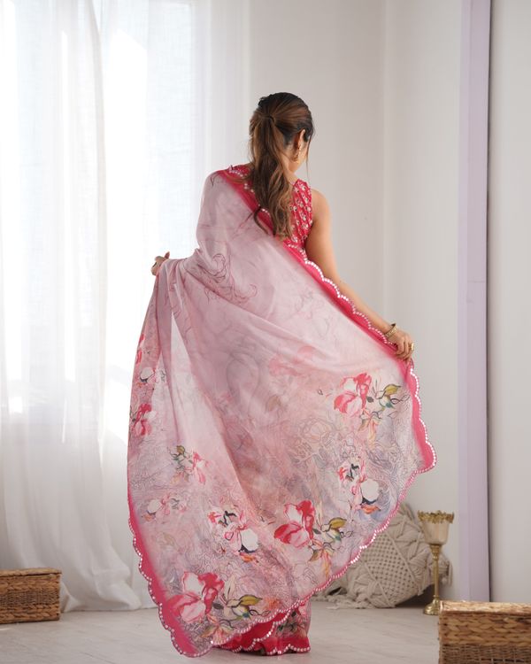 Soft Pink Floral Chinon Saree for Women