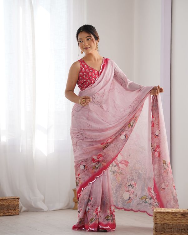 Soft Pink Floral Chinon Saree for Women