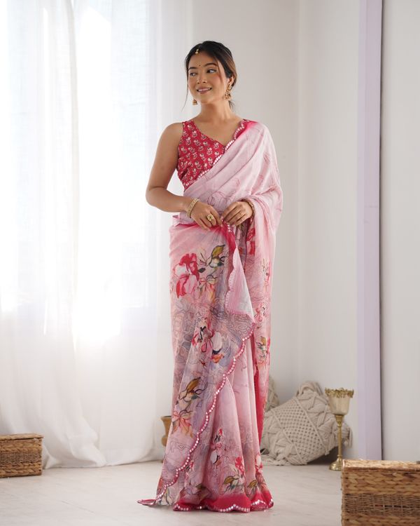 Soft Pink Floral Chinon Saree for Women