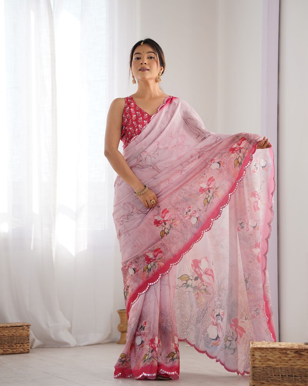 Soft Pink Floral Chinon Saree for Women