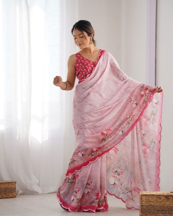 Soft Pink Floral Chinon Saree for Women