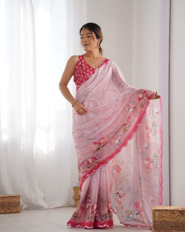 Soft Pink Floral Chinon Saree for Women