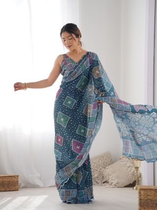 Blue Bandhani Print Chinon Saree for Women