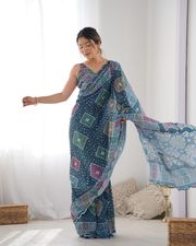 Blue Bandhani Print Chinon Saree for Women - Blue
