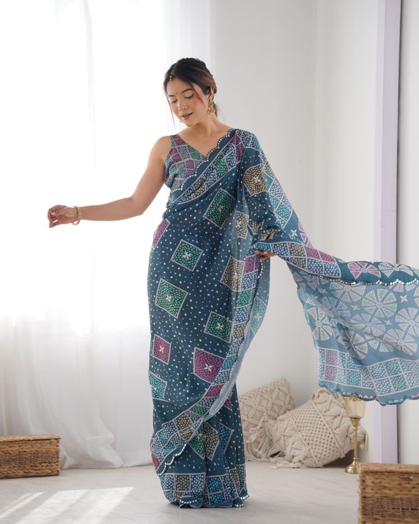 Blue Bandhani Print Chinon Saree For Women