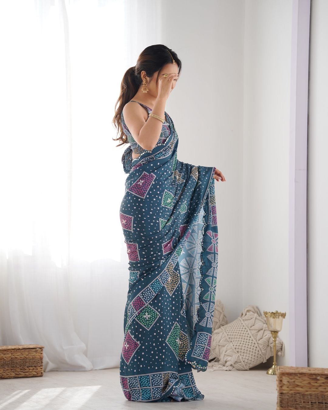 Blue Bandhani Print Chinon Saree for Women