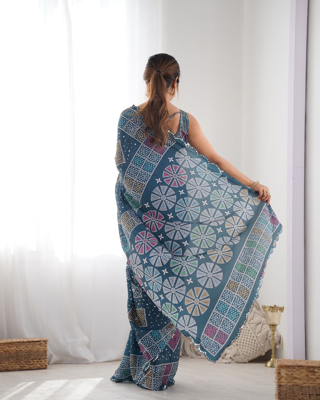 Blue Bandhani Print Chinon Saree for Women