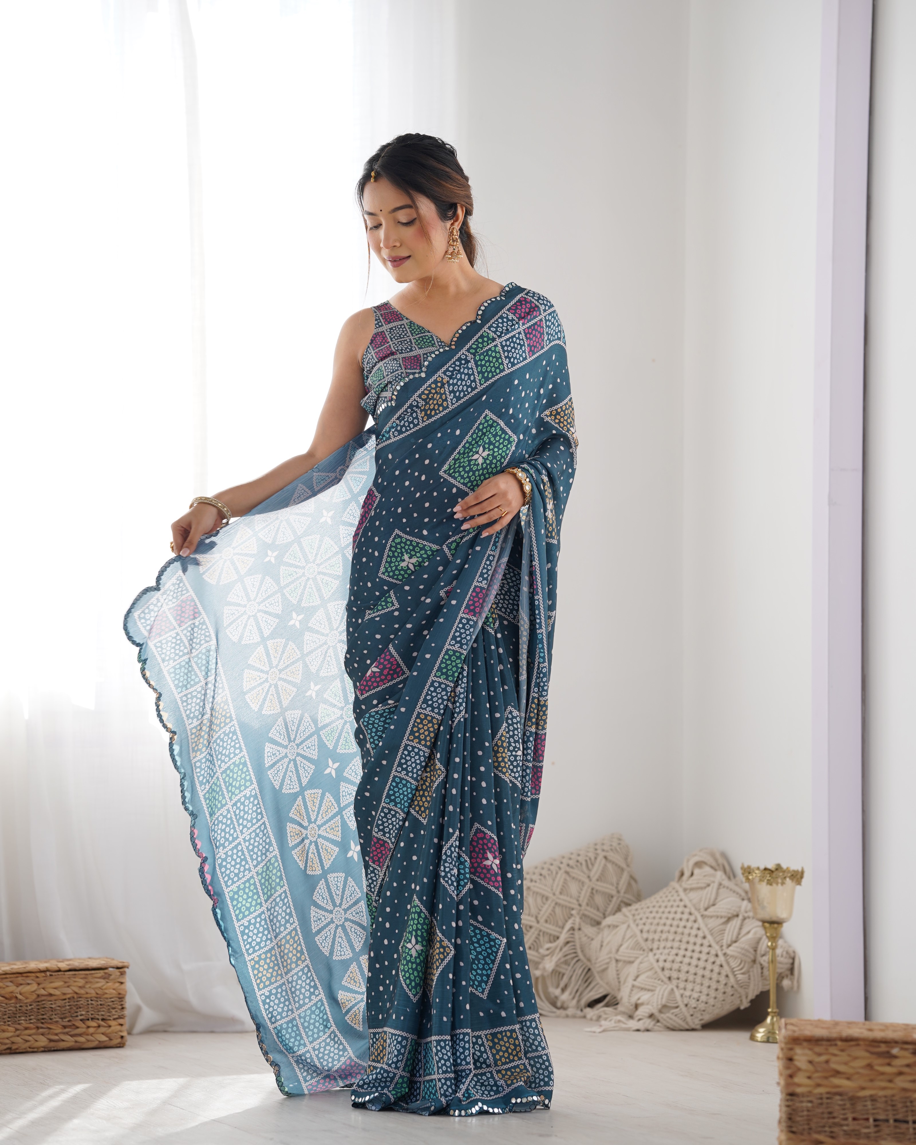 Blue Bandhani Print Chinon Saree for Women