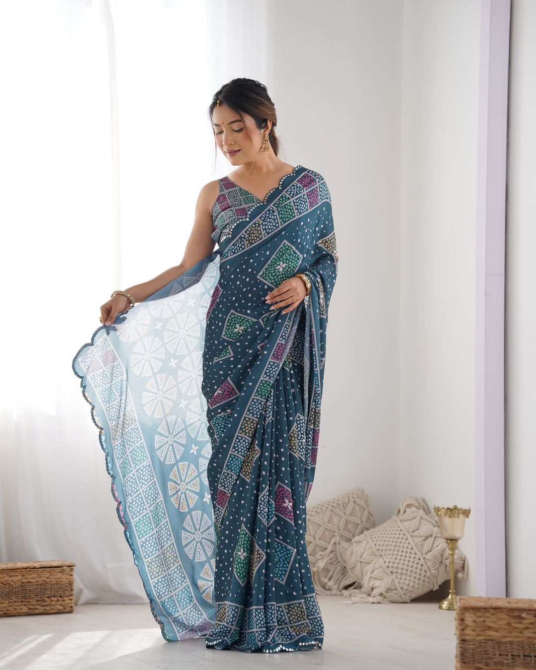 Blue Bandhani Print Chinon Saree for Women