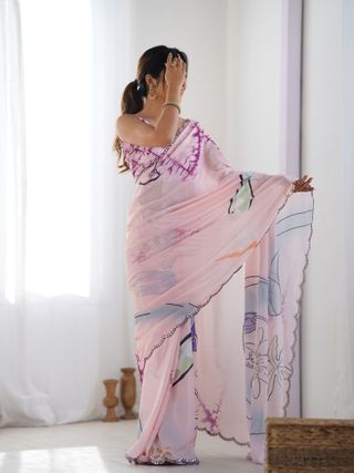 Soft Pink Abstract Print Chinon Saree Online