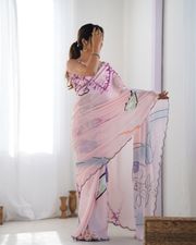 Soft Pink Abstract Print Chinon Saree Online - Pink
