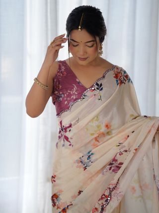 Ivory Bloom Chinon Saree with Designer Mirror Lace