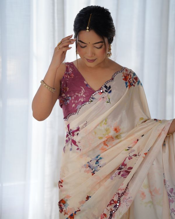 Ivory Bloom Chinon Saree With Designer Mirror Lace