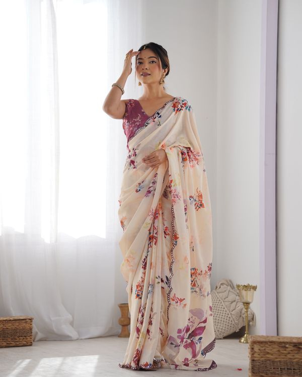 Ivory Bloom Chinon Saree with Designer Mirror Lace