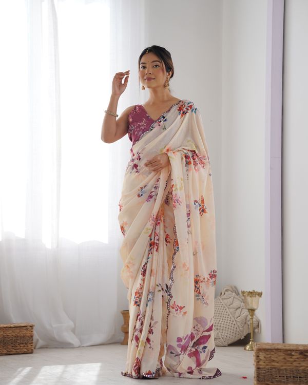 Ivory Bloom Chinon Saree With Designer Mirror Lace