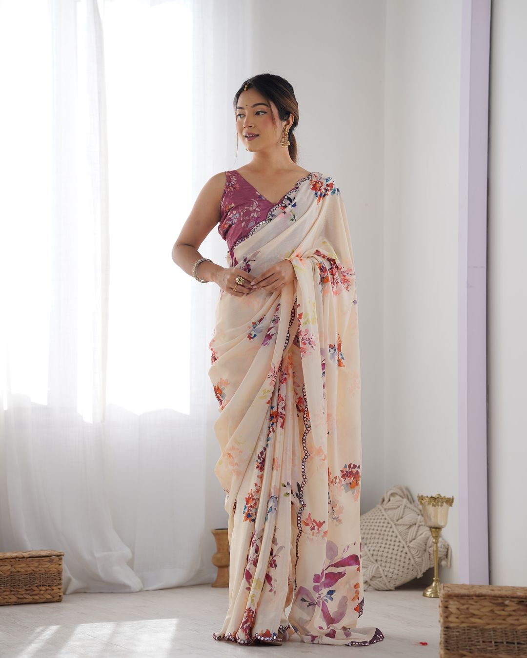 Ivory Bloom Chinon Saree with Designer Mirror Lace