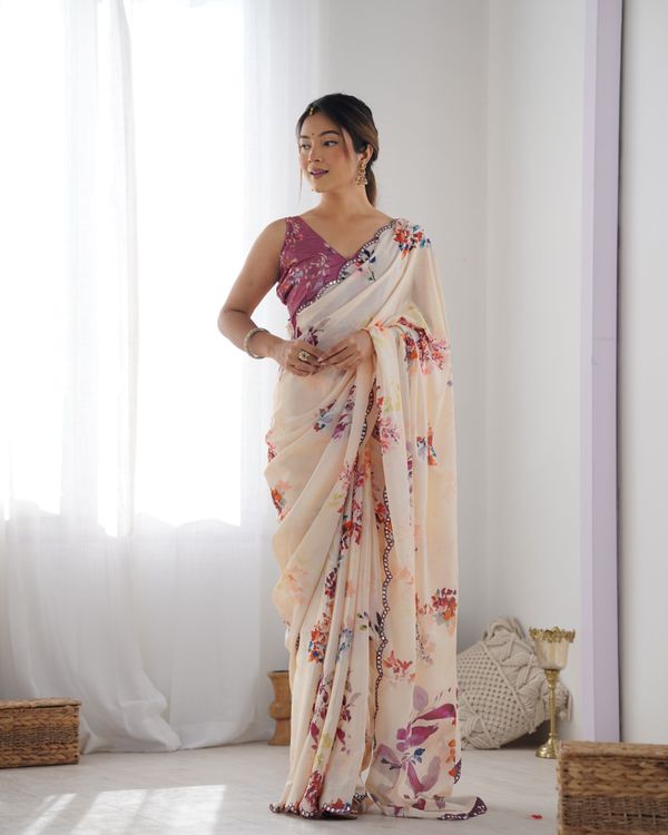 Ivory Bloom Chinon Saree with Designer Mirror Lace