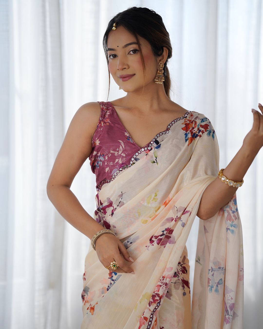 Ivory Bloom Chinon Saree with Designer Mirror Lace