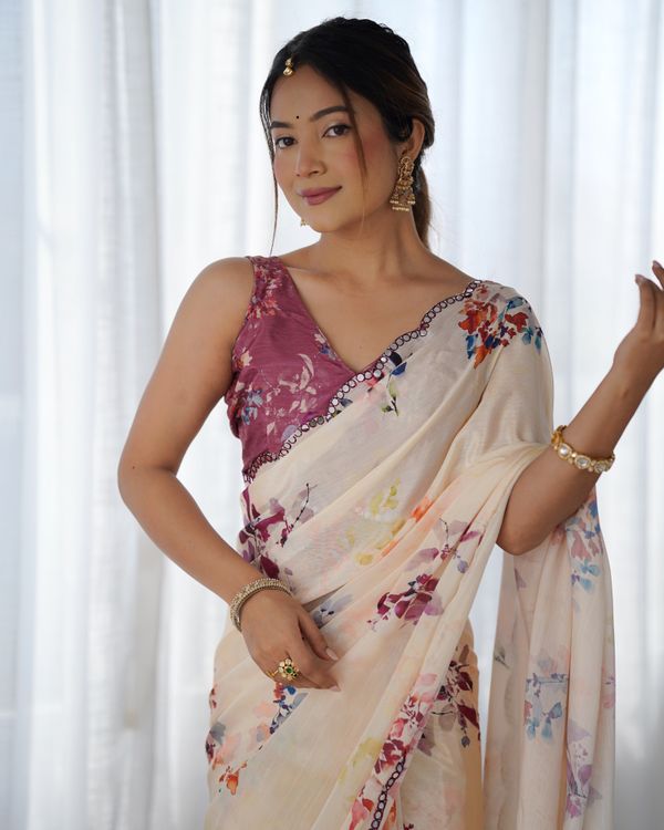 Ivory Bloom Chinon Saree with Designer Mirror Lace