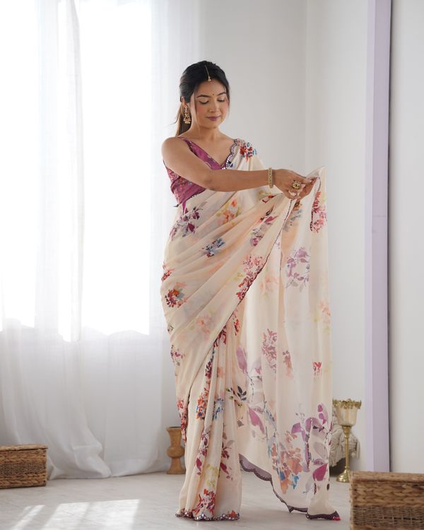 Ivory Bloom Chinon Saree with Designer Mirror Lace