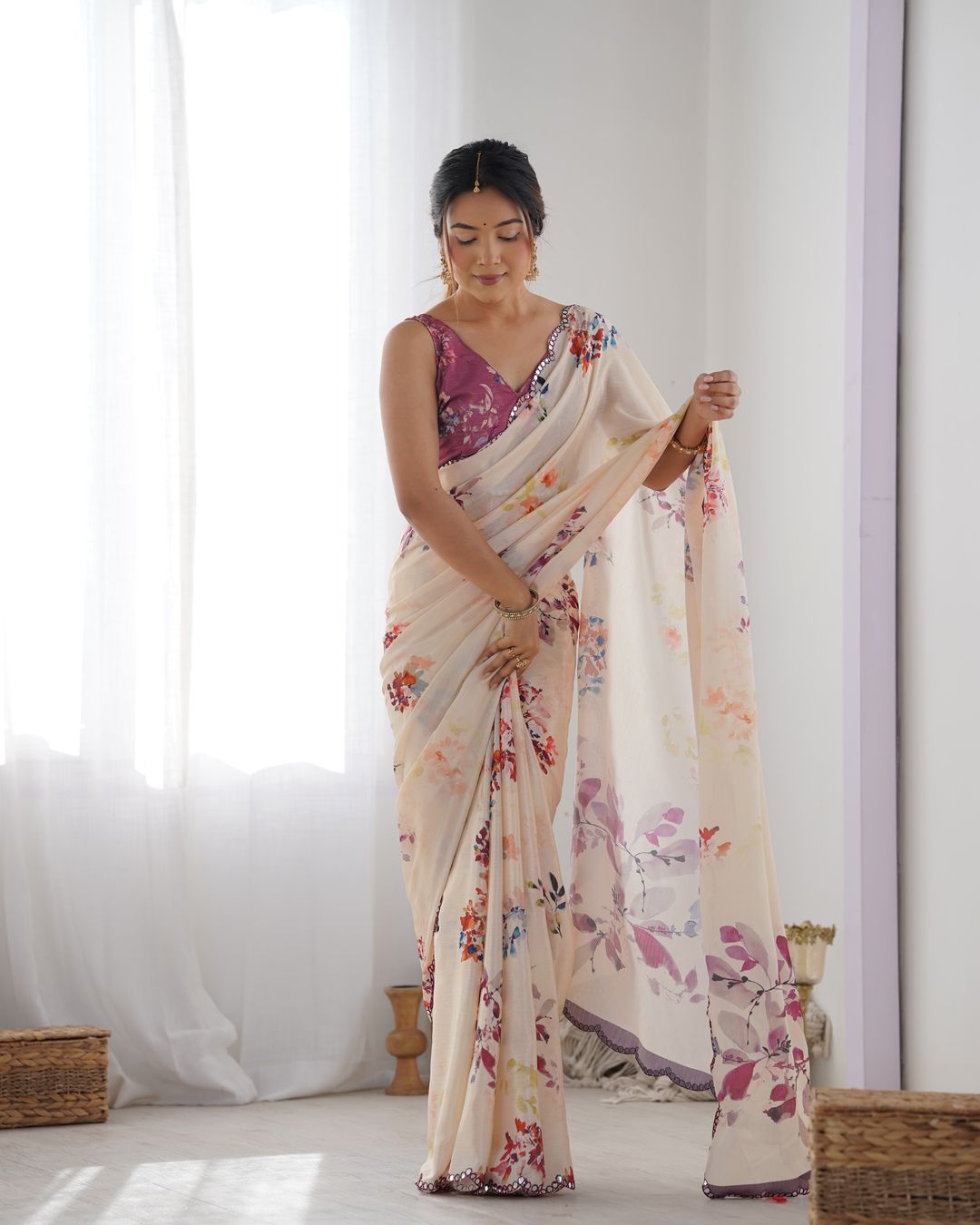Ivory Bloom Chinon Saree with Designer Mirror Lace