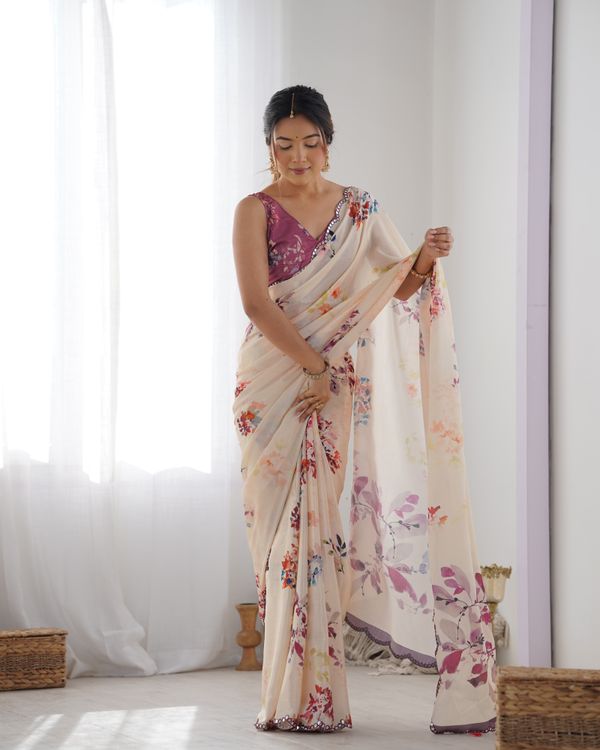 Ivory Bloom Chinon Saree with Designer Mirror Lace