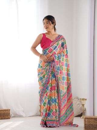 Colorful Ethnic Chinon Saree for Women