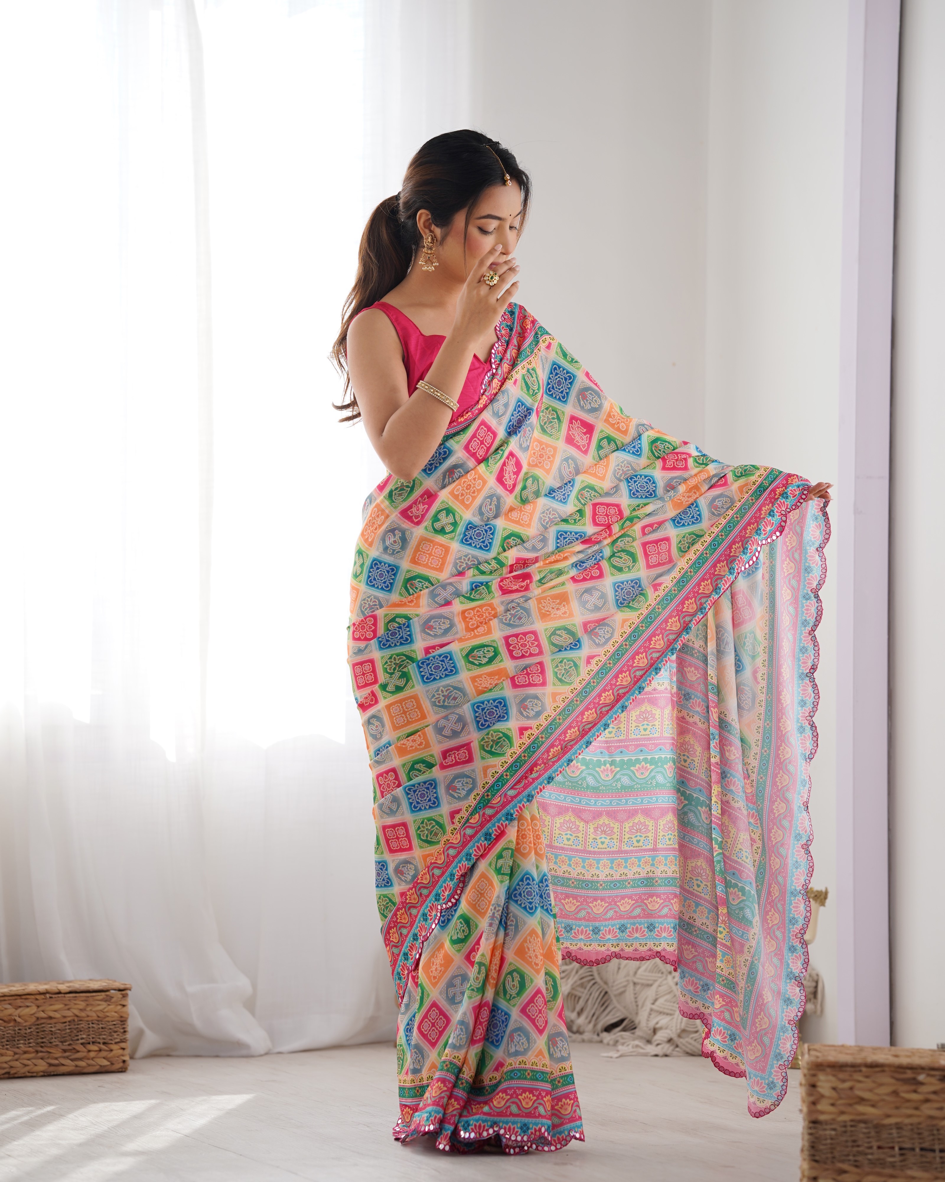 Colorful Ethnic Chinon Saree for Women