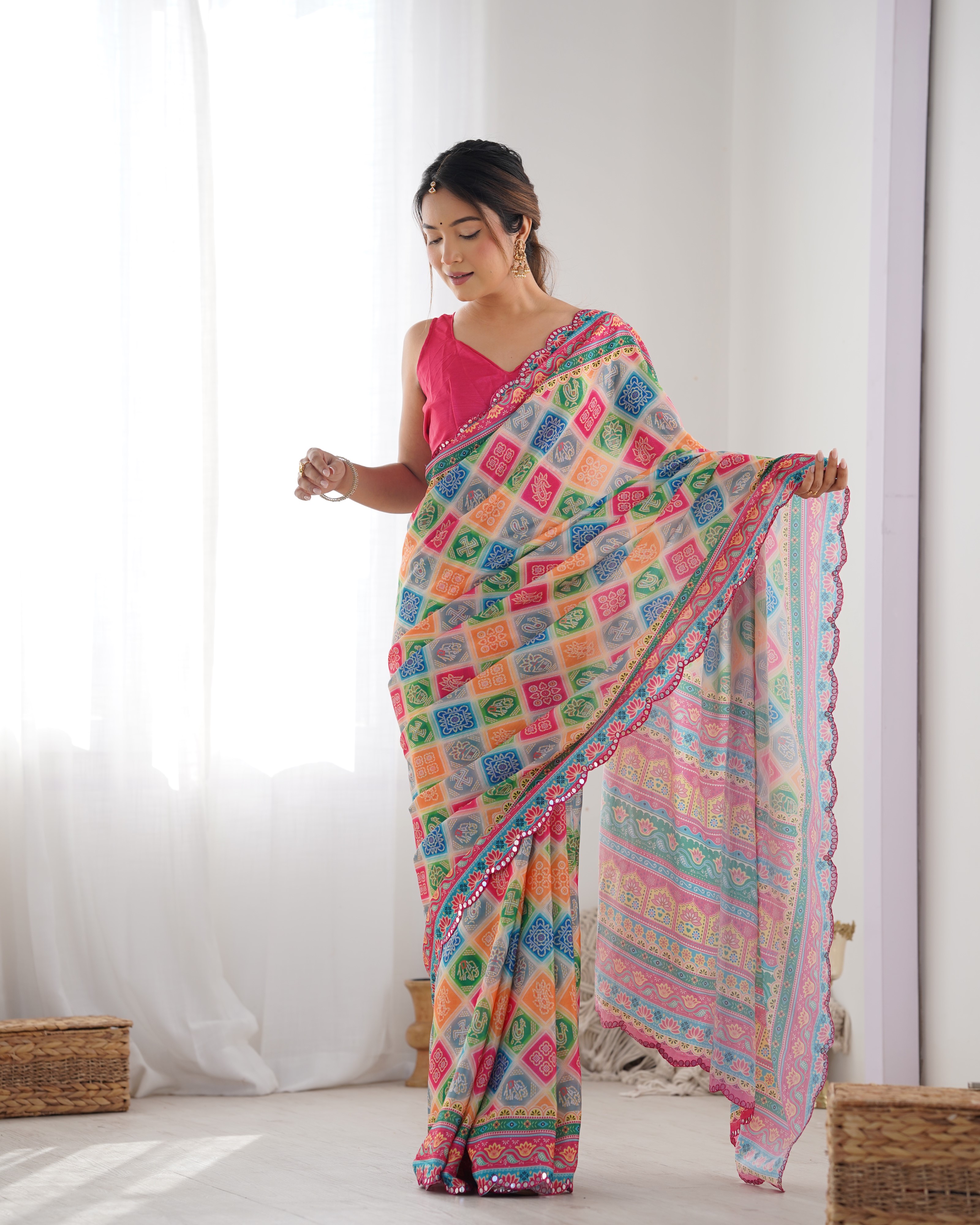 Colorful Ethnic Chinon Saree for Women