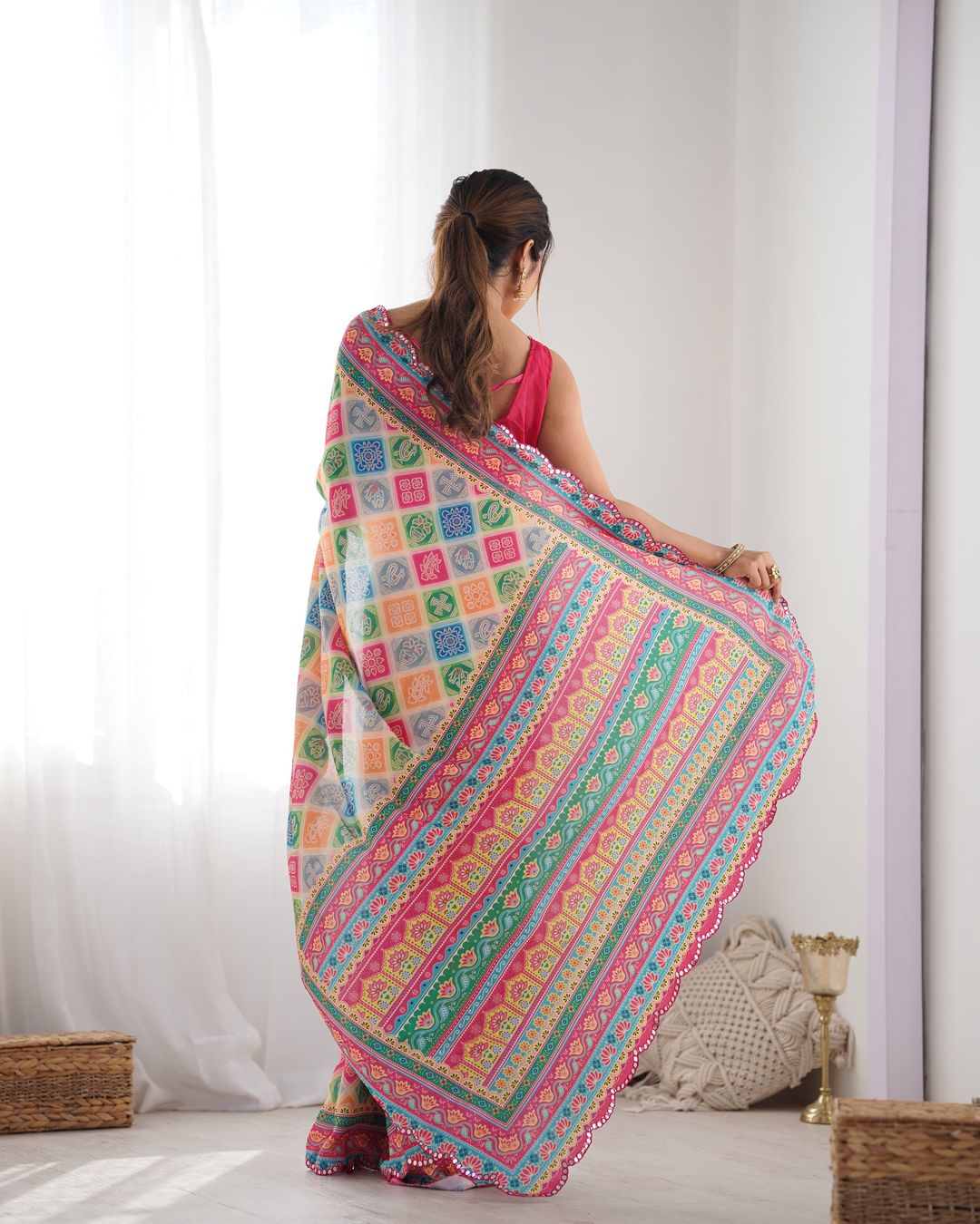 Colorful Ethnic Chinon Saree for Women
