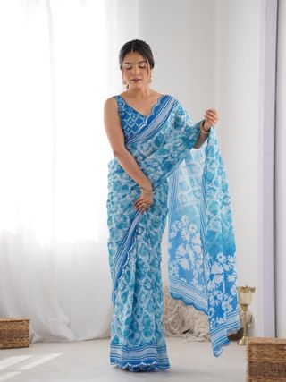 Sky Blue Designer Chinon Saree for Women