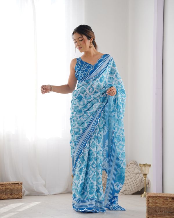 Sky Blue Designer Chinon Saree For Women