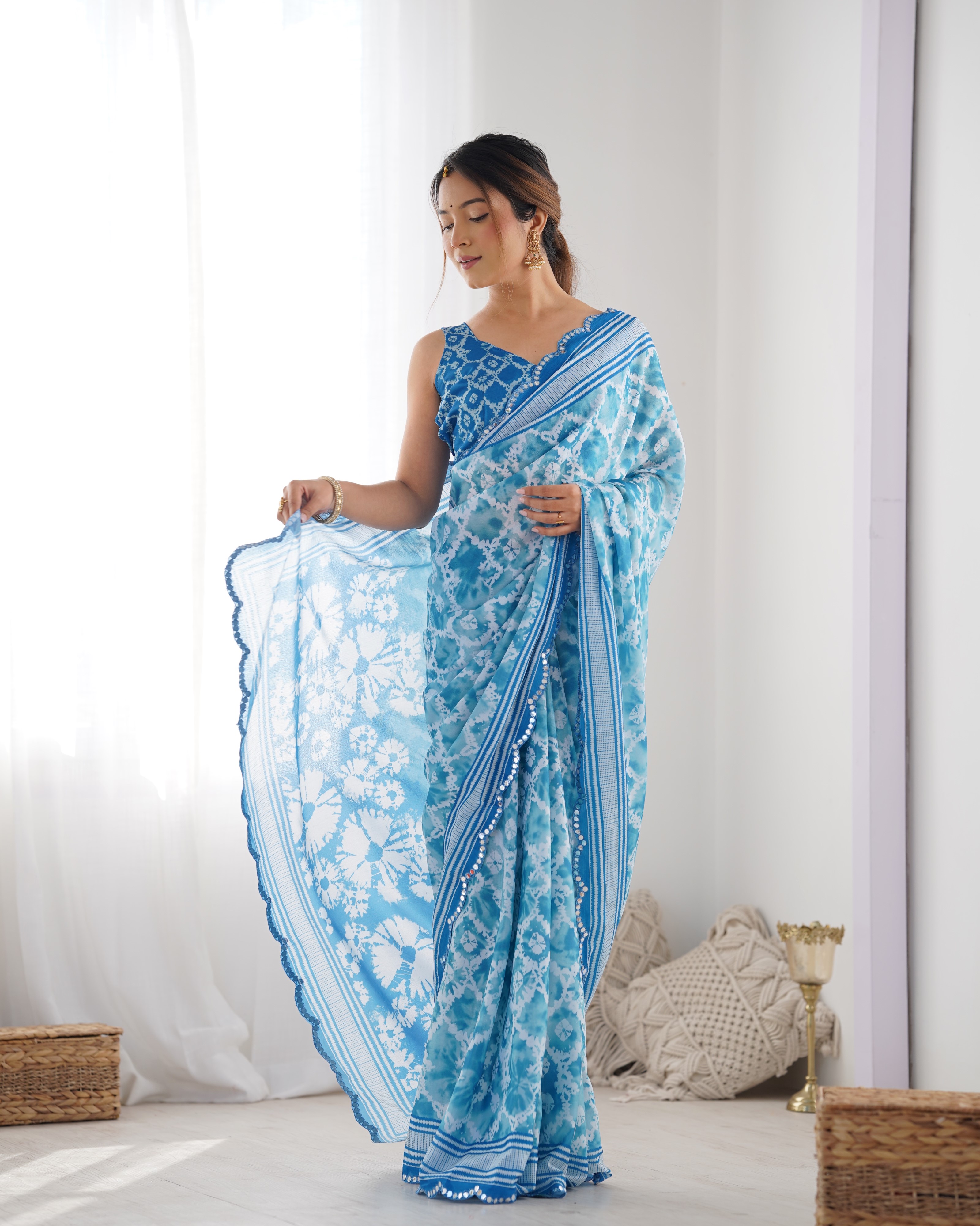 Sky Blue Designer Chinon Saree for Women