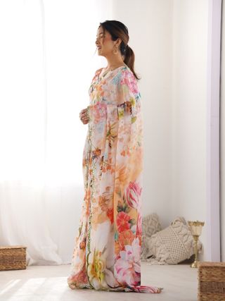 Peach Party Wear Chinon Saree with Mirror Work Border