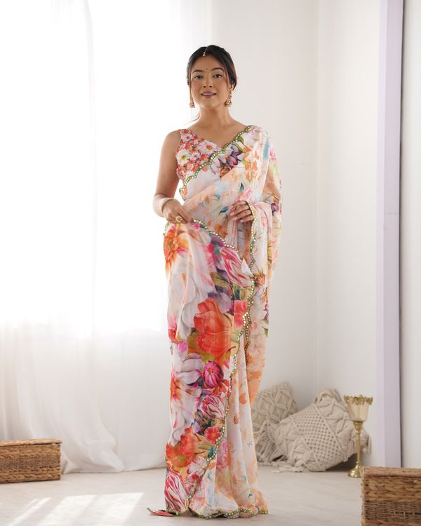 Peach Party Wear Chinon Saree with Mirror Work Border