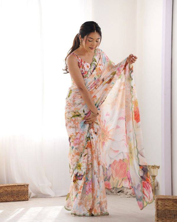Peach Party Wear Chinon Saree With Mirror Work Border