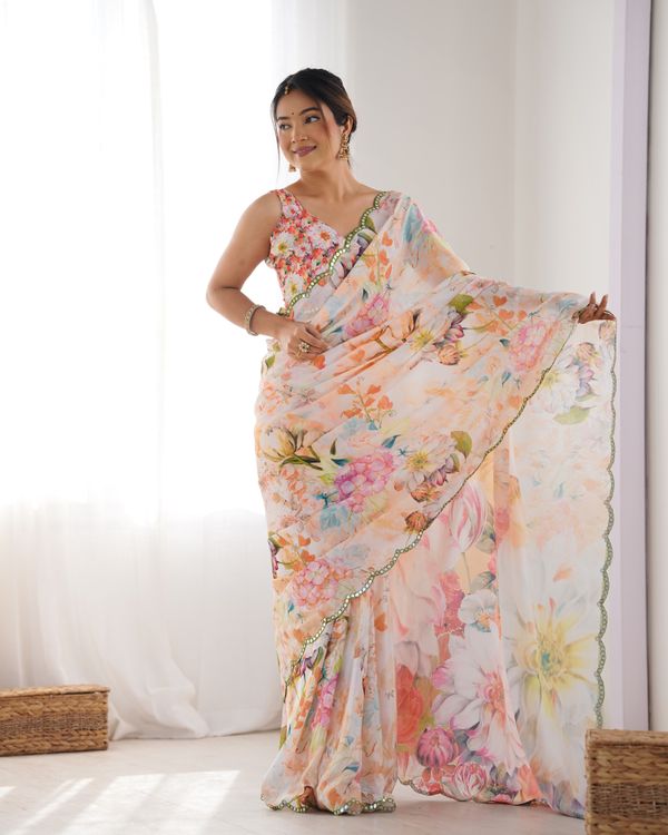 Peach Party Wear Chinon Saree with Mirror Work Border