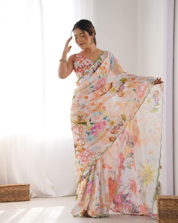 Peach Party Wear Chinon Saree with Mirror Work Border