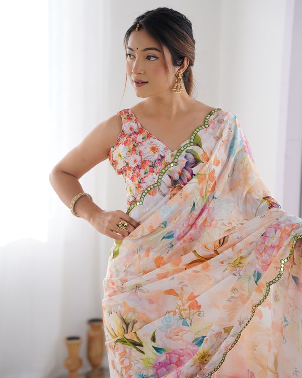 Peach Party Wear Chinon Saree with Mirror Work Border